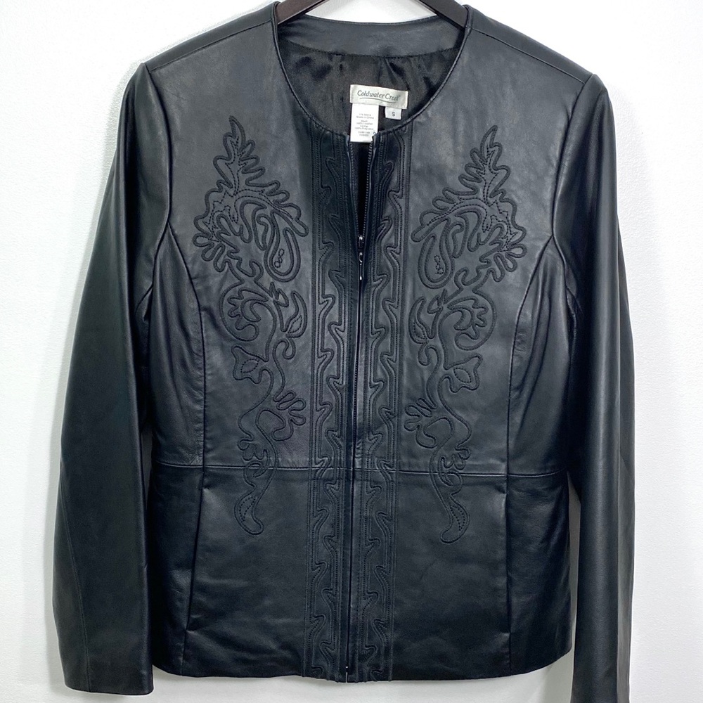 Coldwater Creek Black Soft Genuine Leather Embroidered Jacket Coat w/ Pockets S